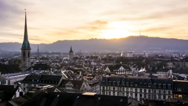 Zonsondergang Timelapse Zürich Stad Skyline Uetliberg Winter Bewegende Wolken Oranje — Stockvideo