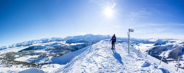 Caminhante sapato de neve a o cume da montanha nevada. quadro panorâmico do caminhante de inverno no topo da colina. lindo suíço alpes montanha panorama com sol e céu azul — Fotografia de Stock