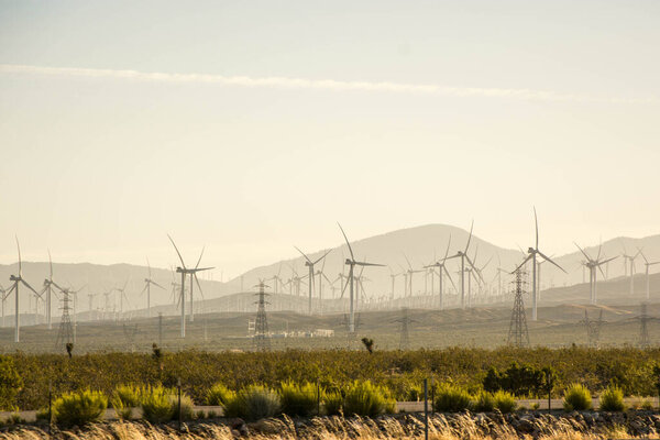 windmill farm in southern california, palm springs at sunset, dawn with misty background. sustainability renewable energy concept