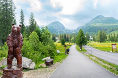Vysoke Tatry, High Tatras / Slovakya - 18 Haziran 2018: Arka planda dağlar olan bir yoldaki bir ayının tahta heykeli.