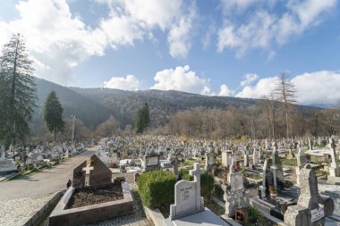 Sinaia, Prahova, Romanya - 19 Kasım 2019: Bucegi Doğal Parkı yakınlarındaki Sinaia Setu belediye mezarlığının manzarası.