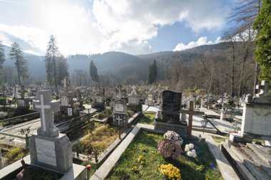 Sinaia, Prahova, Romanya - 19 Kasım 2019: Bucegi Doğal Parkı yakınlarındaki Sinaia Setu belediye mezarlığının manzarası.