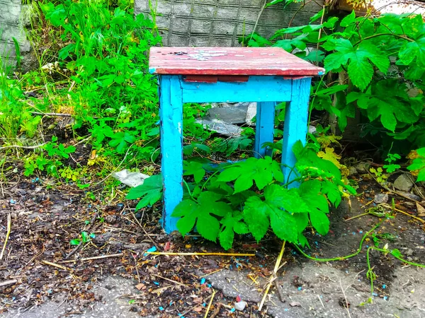 Üres Szék Áll Zöld Füvön Park Hátterében Öreg Kék Szék — Stock Fotó