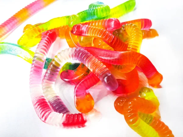 Multicolored Jelly Sweets Shape Worm Top View Sweet Background — Stock Photo, Image