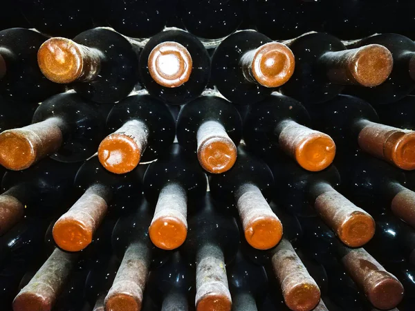 Dusty Wine Bottles Shelfs Cellars Winery — Stock Photo, Image
