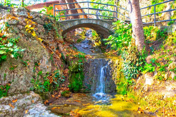 Old Stone Bridge River Natural Park Beautiful Cascade Waterfall — Stock Photo, Image