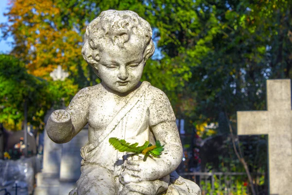 Decapitated Statue Child Kneeling Angel Arms Crossed Blue Sky Cemetery — 스톡 사진