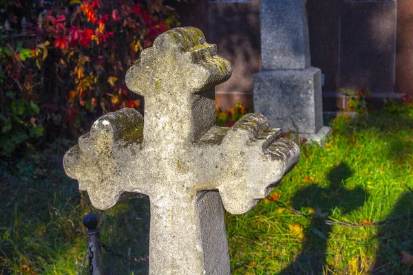 Staré Kamenné Kříže Hřbitově Podzimním Dni — Stock fotografie