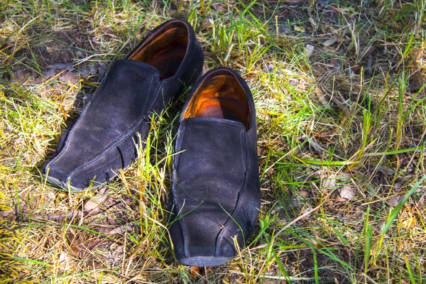 把旧皮鞋穿在草地上 — 图库照片