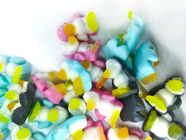 Gelée Multicolore Bonbons Forme Oiseau Vue Haut Fond Doux — Photo