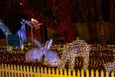 Çelenk aydınlatma Noel bahçesi, gece