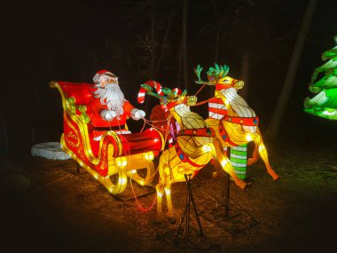 Noel Baba 'nın aydınlanmış figürü, kış mevsiminde Noel festivalinde gece vakti. Bir Noel geyiği ve kızağını resmeden ampullerden oluşan bir kompozisyon..