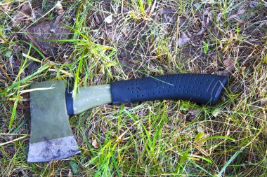 Yerde duran lastik saplı küçük bir balta. Balta aletli odun. Keskinleştirilmiş bıçaklı balta. Yuvarlak kesitli doğranmış odun yığını 