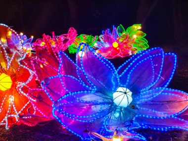 Parlayan güzel yapay çiçekler. bahçe ışığı kurulumları