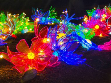Parlayan güzel yapay çiçekler. bahçe ışığı kurulumları