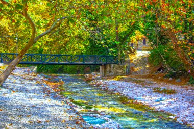 Nehir kıyısındaki köprü, kayalar, sonbahar parkı.