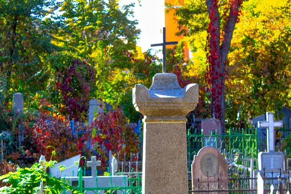 Grabsteine Auf Dem Friedhof Inmitten Grüner Pflanzen Alte Gräber Auf — Stockfoto