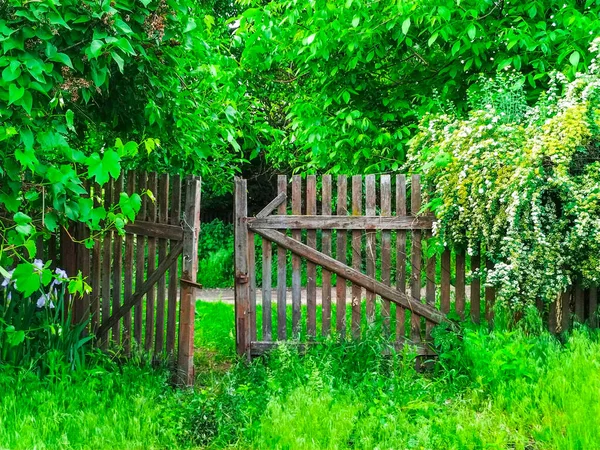 Stare Drewniane Wejście Bramy Ogrodzeniowej Drewniany Ogród Ogrodzeniowy Zbliżenie Metalowego — Zdjęcie stockowe