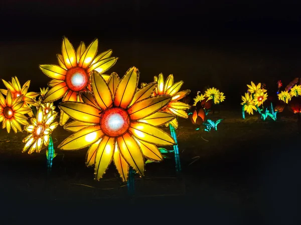 Beautiful Glowing Yellow Artificial Flower Garden Light Installations — Stock Photo, Image