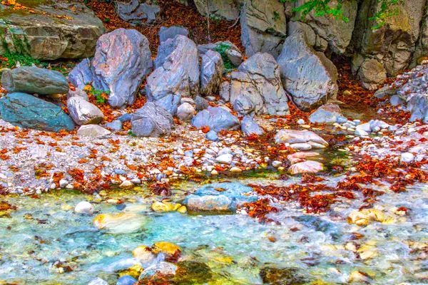 Spruzzi Acqua Fiume Con Rocce Foglie Acero Autunnali — Foto Stock