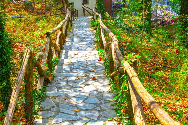 Ścieżka Cegły Drewniane Szyny Aleja Ogród — Zdjęcie stockowe