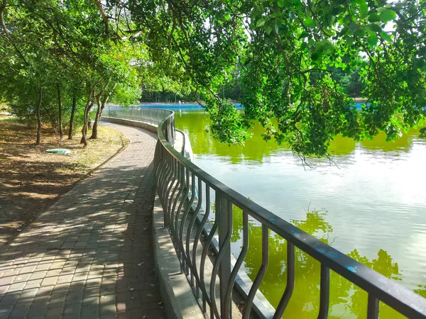 City embankment near the lake with equipped infrastructure for recreation.