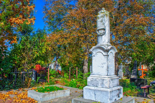 墓碑在墓地的绿色植物中 墓园里的古老坟墓秋天阳光灿烂的日子里的哥特式墓碑 — 图库照片