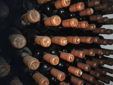 Şarap mahzenlerinde raflarda tozlu şarap şişeleri