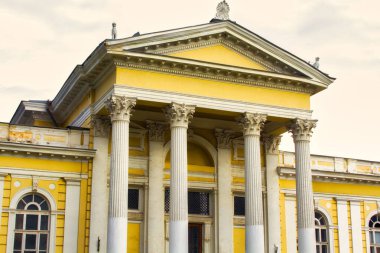 Eski bir malikanenin sarı duvarı kabartmalı çiçek desenleri ve sütunlu pencerelerle dekore edilmiş.