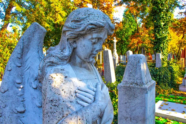 statue of kneeling angel with arms crossed against blue sky and cemetery headstone with crucifix background