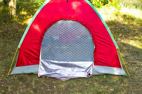 Naturaleza Paisaje Camping Tienda Bajo Árbol Prado Hierba Verde Parque — Foto de Stock