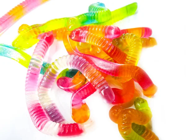 Multicolored Jelly Sweets Shape Worm Top View Sweet Background — Stock Photo, Image