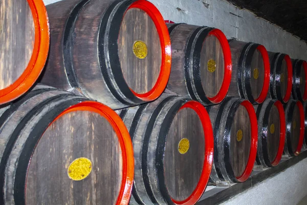 Wine making technology. Wooden oak barrels. Vineyard background. Primary processing of grapes for red wine. White Caucasian oak barrels for storing wine material.a group of stack barrels