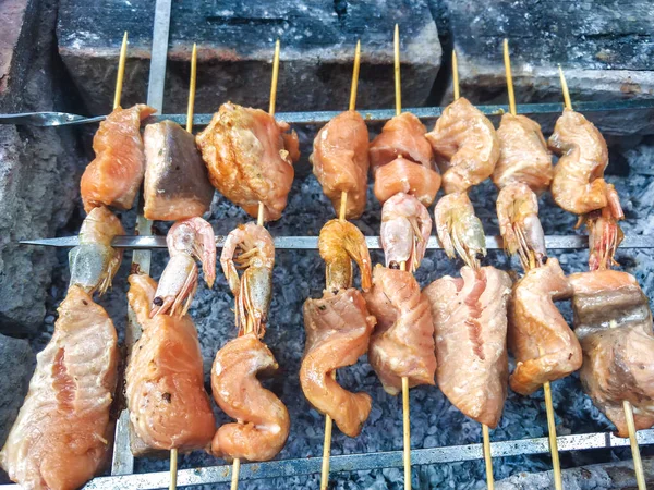 Lax Fisk Och Räkor Havet Mat Grill — Stockfoto