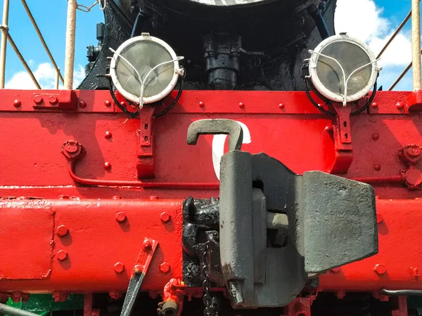 vintage red train front locomotive