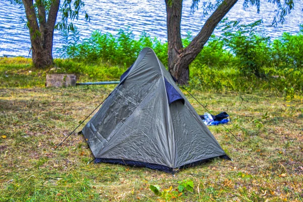 Naturaleza Paisaje Camping Tienda Bajo Árbol Prado Hierba Verde Parque — Foto de Stock