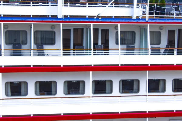 Closeup View Huge Cruise Ship Balconies Chairs Series Hundreds Rooms — Stock Photo, Image