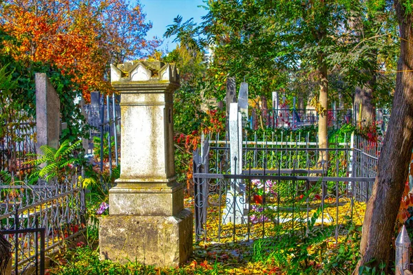 Tumbas Cementerio Entre Plantas Verdes Viejas Tumbas Cementerio Tumba Gótica — Foto de Stock