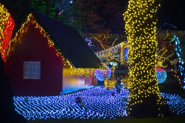 Noel ışıkları müesseseden. Çatının altında asılı sarı, kırmızı, turuncu ampullerden oluşan su geçirmez güzel bir çelenk. Parlayan güzel Noel ağaçları
