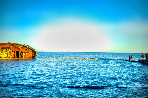 Closeup Sunken Tanker Ship Storm Ashore Tanker Lies Its Side — Stock Photo, Image