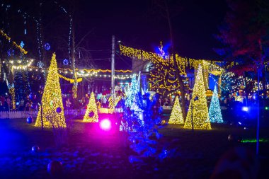 Noel ışıkları müesseseden. Çatının altında asılı sarı, kırmızı, turuncu ampullerden oluşan su geçirmez güzel bir çelenk. Parlayan güzel Noel ağaçları