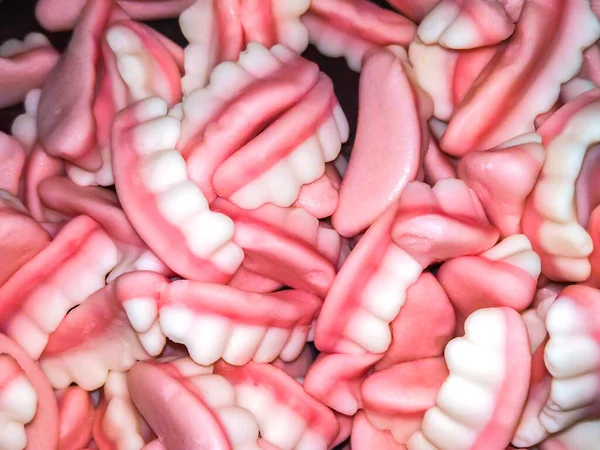 Gelée Multicolore Bonbons Forme Dents Vue Dessus Fond Doux — Photo