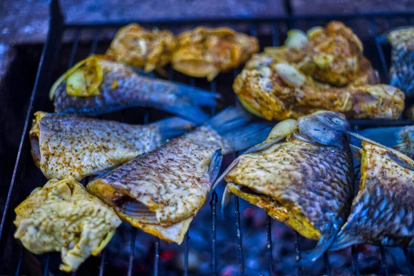 Närbild Grillad Rökt Crucian Fisk Bakad Brasa Naturen — Stockfoto