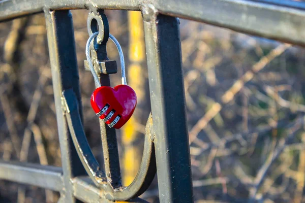 Red lock in the shape of a heart. A  lock is snapped onto the railing.