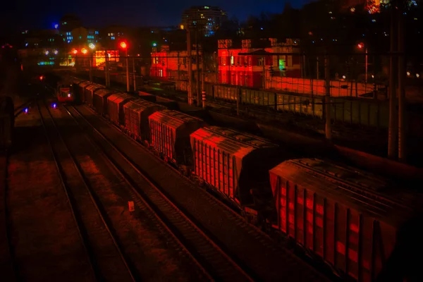railway station with  train at night