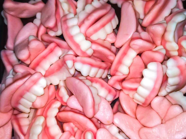 Gelée Multicolore Bonbons Forme Dents Vue Dessus Fond Doux — Photo