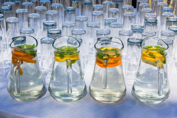 Refreshments Lemon Orange Water Jugs — Stock Photo, Image