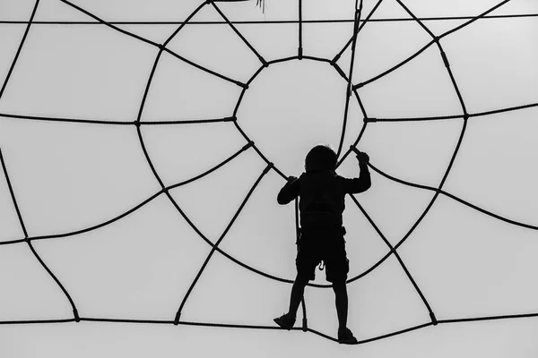 Pojken klättrar Spiderweb — Stockfoto