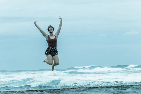 Girl Jumping Beach Tidal Pool Ocean Vintage — Stock Photo, Image