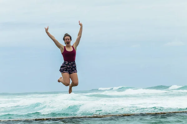 Girl Holidays Jumping Beach Pool Ocean — Stock Photo, Image